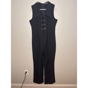 1990s Nathalie B Black Silver Dagger Collar Disco Front Tie Jumpsuit M